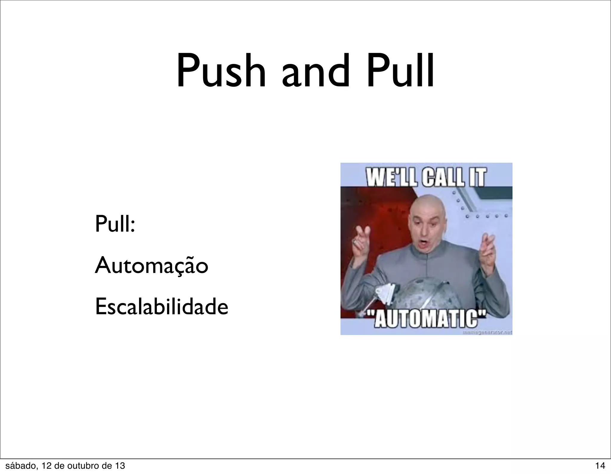 Push and Pull
Pull:
Automação
Escalabilidade

sábado, 12 de outubro de 13

14

 