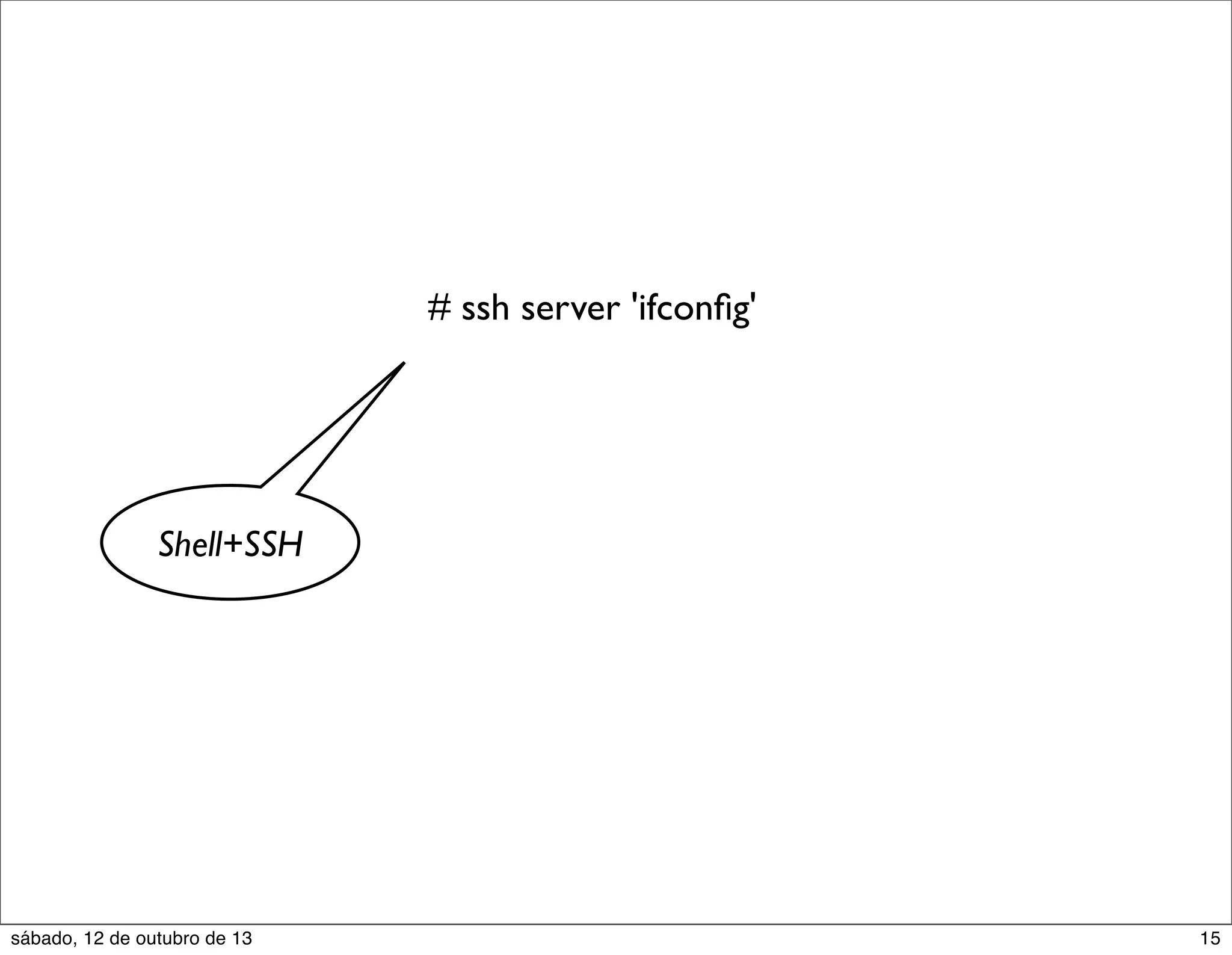 # ssh server 'ifconﬁg'

Shell+SSH

sábado, 12 de outubro de 13

15

 