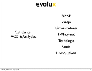 BM&F
Varejo
Call Center
ACD & Analytics

Terceirizadores
TV/Internet
Tecnologia
Saúde
Combustíveis

sábado, 12 de outubro ...