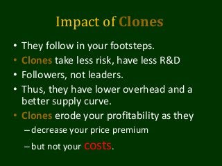 Impact of Clones
• They follow in your footsteps.
• Clones take less risk, have less R&D
• Followers, not leaders.
• Thus, they have lower overhead and a
better supply curve.
• Clones erode your profitability as they
–decrease your price premium
–but not your costs.
 