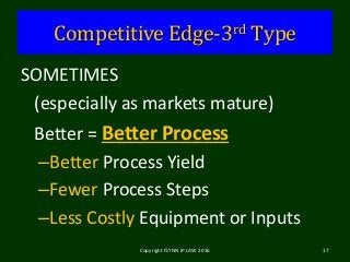 Competitive Edge-3rd Type
SOMETIMES
(especially as markets mature)
Better = Better Process
–Better Process Yield
–Fewer Process Steps
–Less Costly Equipment or Inputs
Copyright FLYNN IP LAW 2016 17
 