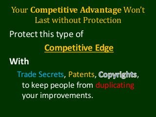 Your Competitive Advantage Won’t
Last without Protection
Protect this type of
Competitive Edge
With
Trade Secrets, Patents, ,
to keep people from duplicating
your improvements.
 