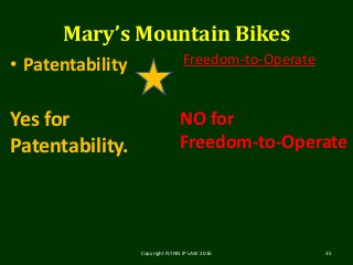 Mary’s Mountain Bikes
• Patentability
Yes for
Patentability.
Freedom-to-Operate
Copyright FLYNN IP LAW 2016 35
NO for
Freedom-to-Operate
 