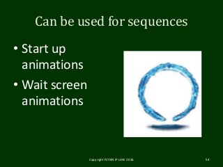 Can be used for sequences
• Start up
animations
• Wait screen
animations
Copyright FLYNN IP LAW 2016 54
 