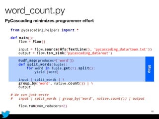 word_count.py
PyCascading minimizes programmer effort
10
Map
 
