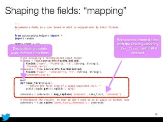 Shaping the ﬁelds: “mapping”
15
Decorators annotate
user-deﬁned functions
Replace the interest ﬁeld
with the result yielded by
take_first, and call it
interest
 