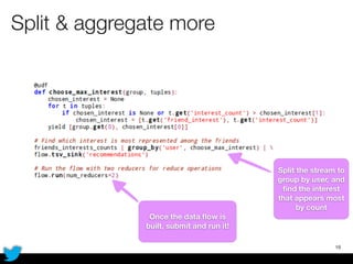 Split & aggregate more
19
Split the stream to
group by user, and
ﬁnd the interest
that appears most
by count
Once the data ﬂow is
built, submit and run it!
 