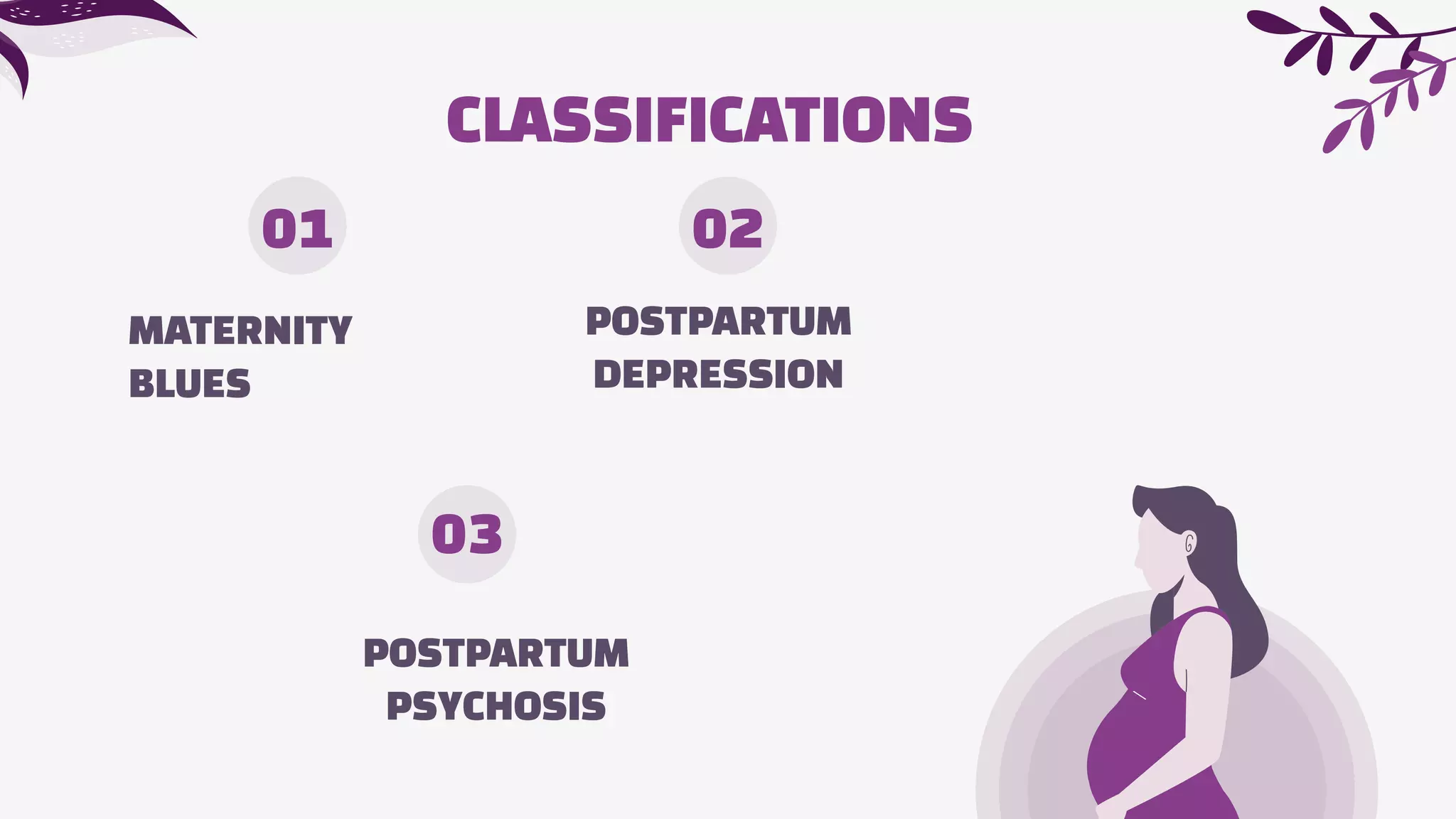 MATERNITY
BLUES
01
POSTPARTUM
DEPRESSION
POSTPARTUM
PSYCHOSIS
02
03
CLASSIFICATIONS
 