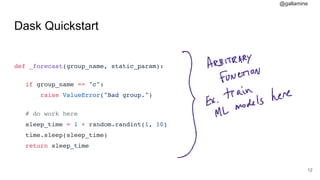 @gallamine
Dask Quickstart
def _forecast(group_name, static_param):
if group_name == "c":
raise ValueError("Bad group.")
# do work here
sleep_time = 1 + random.randint(1, 10)
time.sleep(sleep_time)
return sleep_time
#12
 