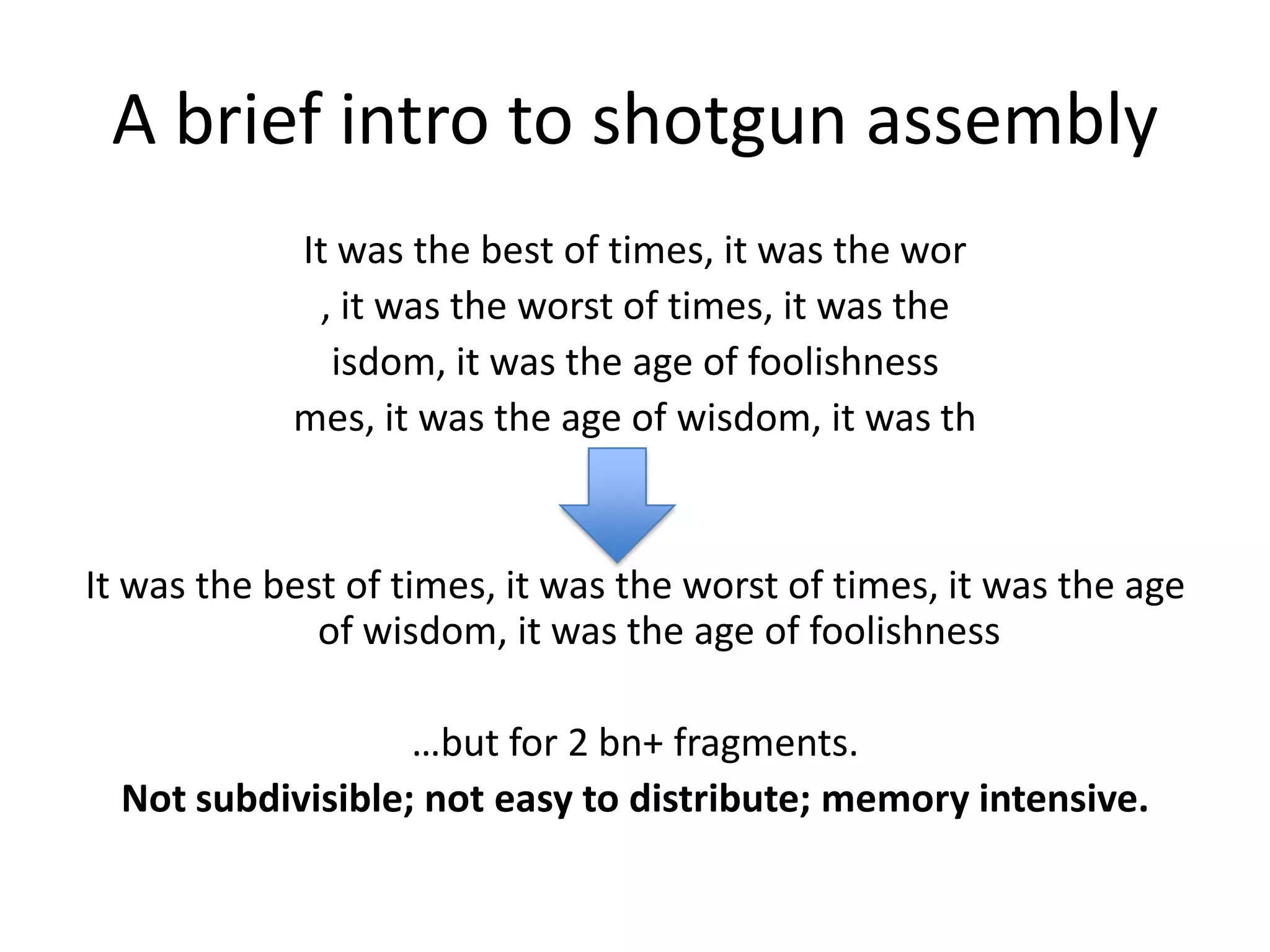 A brief intro to shotgun assemblyIt was the best of times, it was the wor, it was the worst of times, it was the isdom, it was the age of foolishnessmes, it was the age of wisdom, it was thIt was the best of times, it was the worst of times, it was the age of wisdom, it was the age of foolishness…but for 2 bn+ fragments.Not subdivisible; not easy to distribute; memory intensive.