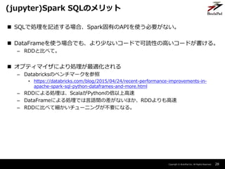 Copyright ? BrainPad Inc. All Rights Reserved.
? SQLǄIӛϡSparkФAPIʹҪʤ
? DataFrameʹϤǤ⡢٤ʤ`ɤǿiԤθߤ`ɤ롣
C RDDȱȤ٤ơ
? ץƥޥˤIm
C DatabricksΥ٥ީ`
? https://databricks.com/blog/2015/04/24/recent-performance-improvements-in-
apache-spark-sql-python-dataframes-and-more.html
C RDDˤIϡScalaPythonαϸ
C DataFrameˤIǤZgβʤۤRDD
C RDD˱Ȥ٤Ƽ`˥󥰤Ҫˤʤ롣
28
(jupyter)Spark SQLΥå
 