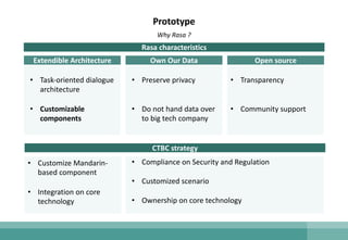 Prototype
Why Rasa ?
Extendible Architecture Open sourceOwn Our Data
• Preserve privacy
• Do not hand data over
to big tech company
• Transparency
• Community support
• Task-oriented dialogue
architecture
• Customizable
components
Rasa characteristics
CTBC strategy
• Customize Mandarin-
based component
• Integration on core
technology
• Compliance on Security and Regulation
• Customized scenario
• Ownership on core technology
 