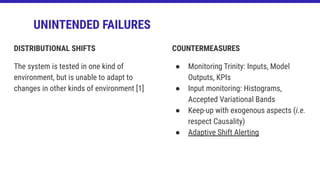 UNINTENDED FAILURES
COUNTERMEASURES
● Monitoring Trinity: Inputs, Model
Outputs, KPIs
● Input monitoring: Histograms,
Accepted Variational Bands
● Keep-up with exogenous aspects (i.e.
respect Causality)
● Adaptive Shift Alerting
DISTRIBUTIONAL SHIFTS
The system is tested in one kind of
environment, but is unable to adapt to
changes in other kinds of environment [1]
 