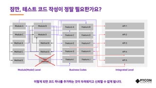 잠깐, 테스트 코드 작성이 정말 필요한가요?
Module A Module B
Method A Method B
Module C Module D
Method C
Method E
Method D
API 1
API 3
API 2
API 4
API 5
Feature A Feature B
Feature C Feature D
Feature E Feature F
Feature G Feature H
Feature I Feature J
Module(Model) Level Business Codes Integrated Level
New
Method
이렇게 되면 코드 하나를 추가하는 것이 두려워지고 신뢰할 수 없게 됩니다.
 