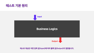 테스트 기본 원리
테스트 대상은 어떤 입력 값(Input)에 따라 출력 값(Output)이 결정됩니다.
Business Logics
Input
Output
 