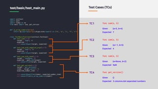 import unittest
import math
import numpy as np
from main import sum, get_version
def is_array_numeric(array):
return np.asarray(array).dtype.kind.lower() in ('b', 'u', 'i', 'f', 'c')
class TestBasicFunctions(unittest.TestCase):
def test_sum(self):
target = sum(3, 4)
expected = 7
self.assertEqual(target, expected)
def test_sum_with_negative_args(self):
target = sum(-1, 5)
expected = 4
self.assertEqual(target, expected)
def test_sum_with_none(self):
target = sum(None, 2)
expected = math.nan(target)
self.assertTrue(target, expected)
def test_get_version(self):
target = get_version()
items = target.split('.')
expected_number_item = 3
self.assertEqual(len(items), expected_number_item)
self.assertTrue(is_array_numeric(items))
test/basic/test_main.py Test Cases (TCs)
TC1
Given (a=3, b=4)
Expected 7
func sum(a, b)
TC2
Given (a=-1, b=5)
Expected 4
func sum(a, b)
TC3
Given (a=None, b=2)
Expected NaN
func sum(a, b)
TC4
Given ()
Expected 3 columns dot separated numbers
func get_version()
 