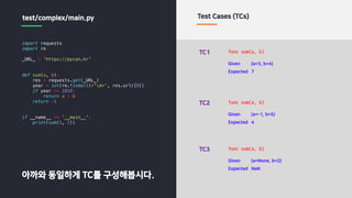 import requests
import re
_URL_ = 'https://pycon.kr'
def sum(a, b):
res = requests.get(_URL_)
year = int(re.findall(r'd+', res.url)[0])
if year == 2018:
return a + b
return -1
if __name__ == '__main__':
print(sum(1, 2))
test/complex/main.py Test Cases (TCs)
TC1
Given (a=3, b=4)
Expected 7
func sum(a, b)
TC2
Given (a=-1, b=5)
Expected 4
func sum(a, b)
TC3
Given (a=None, b=2)
Expected NaN
func sum(a, b)
아까와 동일하게 TC를 구성해봅시다.
 