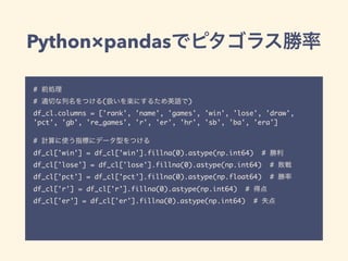 Python×pandas
#
# ( )
df_cl.columns = ['rank', 'name', 'games', 'win', 'lose', 'draw',
'pct', 'gb', 're_games', 'r', 'er', 'hr', 'sb', 'ba', 'era']
#
df_cl['win'] = df_cl['win'].fillna(0).astype(np.int64) #
df_cl['lose'] = df_cl['lose'].fillna(0).astype(np.int64) #
df_cl['pct'] = df_cl['pct'].fillna(0).astype(np.float64) #
df_cl['r'] = df_cl['r'].fillna(0).astype(np.int64) #
df_cl['er'] = df_cl['er'].fillna(0).astype(np.int64) #
 