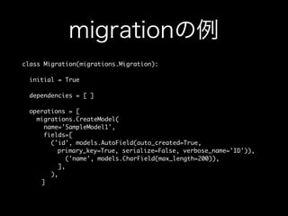 class Migration(migrations.Migration):
initial = True
dependencies = [ ]
operations = [
migrations.CreateModel(
name='SampleModel1',
fields=[
('id', models.AutoField(auto_created=True,
primary_key=True, serialize=False, verbose_name='ID')),
('name', models.CharField(max_length=200)),
],
),
]
 