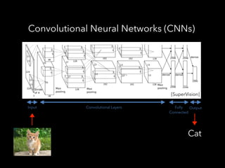 Convolutional Neural Networks (CNNs)
[SuperVision]
Input Convolutional Layers Fully
Connected
Output
Cat
 