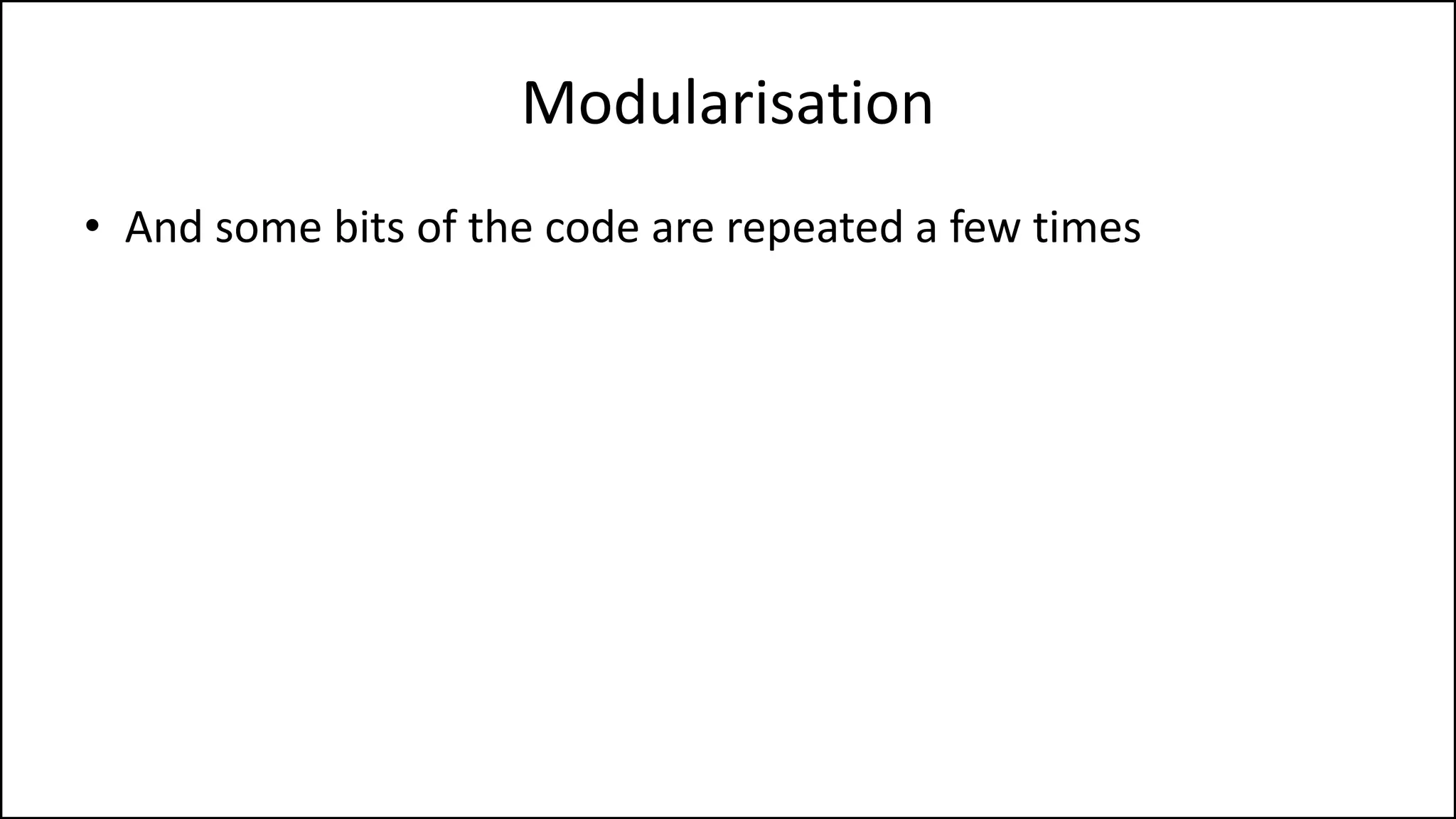 Modularisation
# Python program to mail merger
# Names are in the file names.txt
# Body of the mail is in body.txt
# open names.txt for reading
with open("names.txt",'r',encoding = 'utf-8') as names_file:
# open body.txt for reading
with open("body.txt",'r',encoding = 'utf-8') as body_file:
# read entire content of the body
body = body_file.read()
# iterate over names
for name in names_file:
mail = "Hello "+name+body
# write the mails to individual files
with open(name.strip()+".txt",'w',encoding = 'utf-8') as mail_file:
mail_file.write(mail)
# Python program to mail merger
# Names are in the file names.txt
# Body of the mail is in body.txt
# open names.txt for reading
with open("names.txt",'r',encoding = 'utf-8') as names_file:
# open body.txt for reading
with open("body.txt",'r',encoding = 'utf-8') as body_file:
# read entire content of the body
body = body_file.read()
# iterate over names
for name in names_file:
mail = "Hello "+name+body
# write the mails to individual files
with open(name.strip()+".txt",'w',encoding = 'utf-8') as mail_file:
mail_file.write(mail)
 