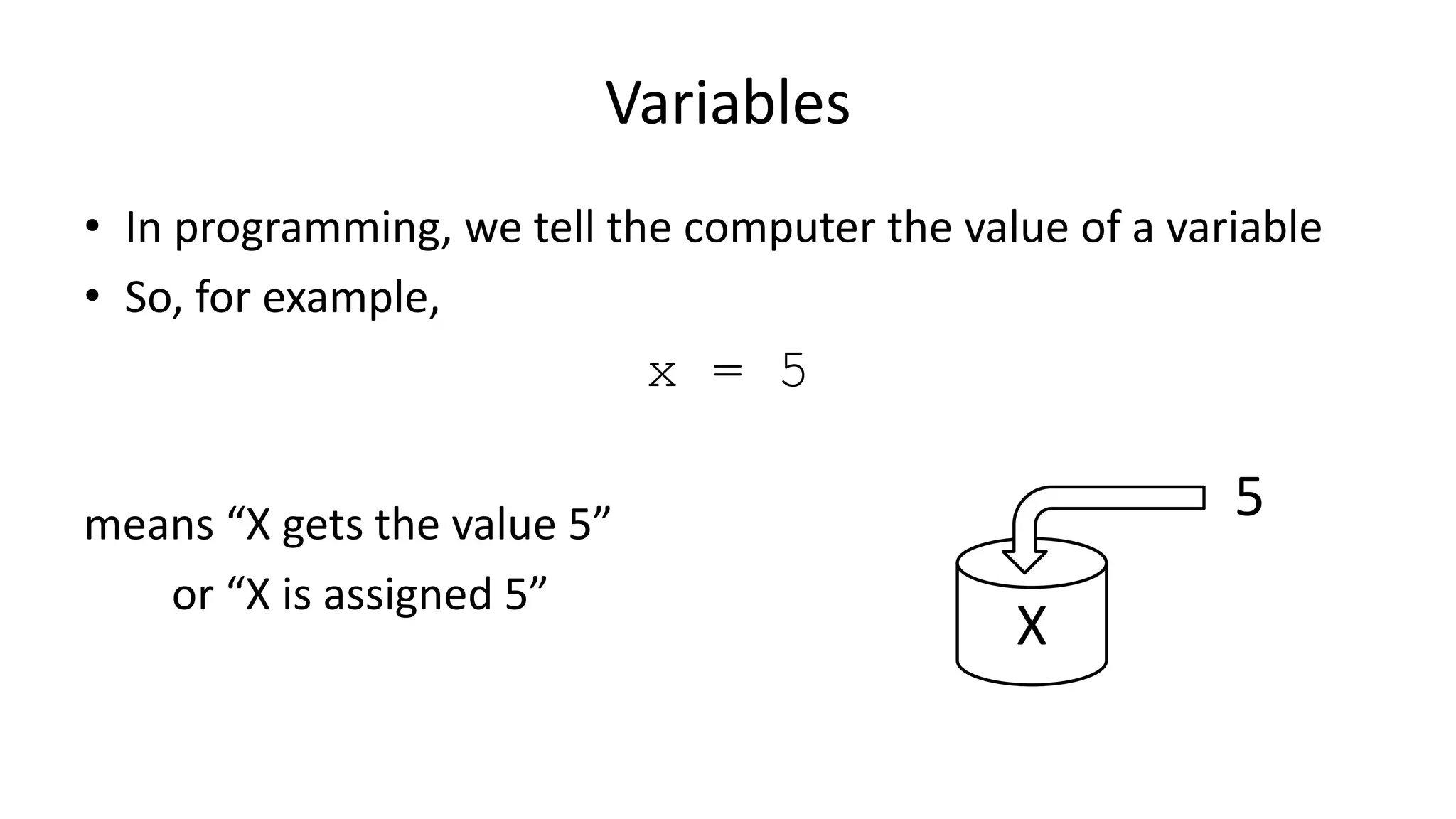 Variables
• In programming, we tell the computer the value of a variable
• So, for example,
x = 5
means “X gets the value 5”
or “X is assigned 5”
X
5
 