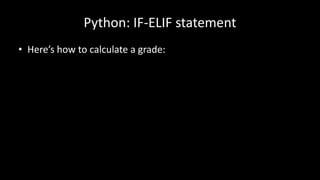# PROGRAM GetGrade:
InputValue = int(input("Please input the first valuen"))
if InputValue >= 70:
# THEN
print("It's a first")
elif InputValue >= 60:
# THEN
print("It's a 2.1")
elif InputValue >= 50:
# THEN
print("It's a 2.2")
elif InputValue >= 40:
# THEN
print("It's a third")
else:
print("Dude, sorry, it's a fail")
# ENDIF;
# END.
 
