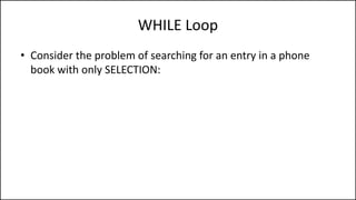 WHILE Loop
Get first entry;
IF (this is the correct entry)
THEN write down phone number;
ELSE get next entry;
IF (this is the correct entry)
THEN write done entry;
ELSE get next entry;
IF (this is the correct entry)
……………
 
