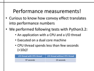 New GIL: Python v3.2Regular “check” are discontinuedWe have new time-out mechanism.Default time-out= 5msConfigurable through sys.setswitchinterval()For every time-out, the current GIL holder is forced to release GIL It then signals the other waiting threadsWaits for a signal from new GIL owner (acknowledgement).A sleeping thread wakes up, acquires the GIL, and signals the last owner.