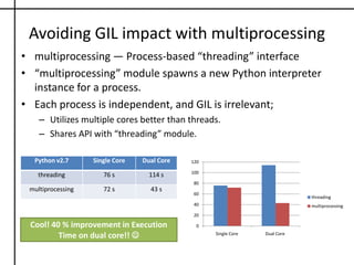 Convoy effect: Fallout of I/O optimizationWhen an I/O thread releases the GIL, another ‘runnable’ CPU bound thread can acquire it (remember we are on multiple cores).It leaves the I/O thread waiting for another time-out (default: 5ms)!Once CPU thread releases GIL, I/O thread acquires and releases it again This cycle goes on => performance suffers 