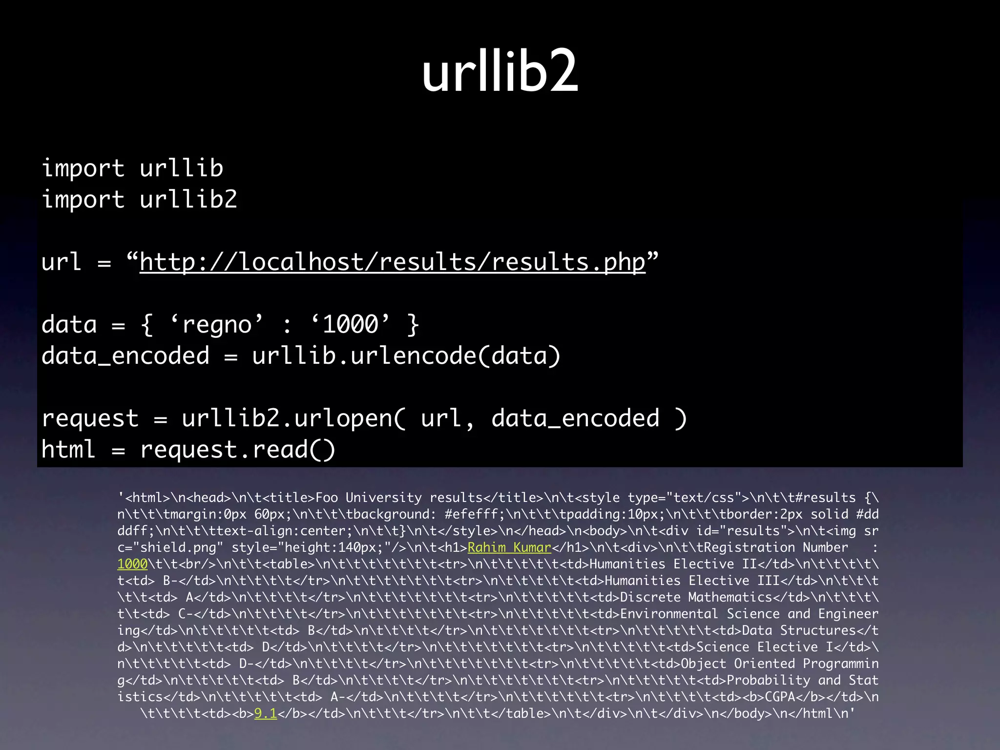 urllib2
import urllib
import urllib2

url = “http://localhost/results/results.php”

data = { ‘regno’ : ‘1000’ }
data_encoded = urllib.urlencode(data)

request = urllib2.urlopen( url, data_encoded )
html = request.read()
     '<html>n<head>nt<title>Foo University results</title>nt<style type="text/css">ntt#results {
     ntttmargin:0px 60px;ntttbackground: #efefff;ntttpadding:10px;ntttborder:2px solid #dd
     ddff;nttttext-align:center;ntt}nt</style>n</head>n<body>nt<div id="results">nt<img sr
     c="shield.png" style="height:140px;"/>nt<h1>Rahim Kumar</h1>nt<div>nttRegistration Number   :
     1000tt<br/>ntt<table>nttttttt<tr>nttttt<td>Humanities Elective II</td>ntttt
     t<td> B-</td>ntttt</tr>nttttttt<tr>nttttt<td>Humanities Elective III</td>nttt
     tt<td> A</td>ntttt</tr>nttttttt<tr>nttttt<td>Discrete Mathematics</td>nttt
     tt<td> C-</td>ntttt</tr>nttttttt<tr>nttttt<td>Environmental Science and Engineer
     ing</td>nttttt<td> B</td>ntttt</tr>nttttttt<tr>nttttt<td>Data Structures</t
     d>nttttt<td> D</td>ntttt</tr>nttttttt<tr>nttttt<td>Science Elective I</td>
     nttttt<td> D-</td>ntttt</tr>nttttttt<tr>nttttt<td>Object Oriented Programmin
     g</td>nttttt<td> B</td>ntttt</tr>nttttttt<tr>nttttt<td>Probability and Stat
     istics</td>nttttt<td> A-</td>ntttt</tr>ntttttt<tr>ntttt<td><b>CGPA</b></td>n
        tttt<td><b>9.1</b></td>nttt</tr>ntt</table>nt</div>nt</div>n</body>n</htmln'
 