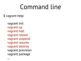 Command line
$ vagrant help
vagrant init
vagrant up
vagrant halt
vagrant reload
vagrant suspend
vagrant resume
vagrant destroy
vagrant provision
vagrant package
…
 