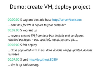 Demo: create VM, deploy project
00:00:00 $ vagrant box add base http://server/base.box
... base box for VM is copied to your computer
00:02:00 $ vagrant up
... vagrant creates VM from base box, installs and conﬁgures
required packages – apt, apache2, mysql, python, git, …
00:05:00 $ fab deploy
... DB is populated with initial data, apache conﬁg updated, apache
restarted
00:07:00 $ curl http://localhost:8080/
... site is up and running.
 