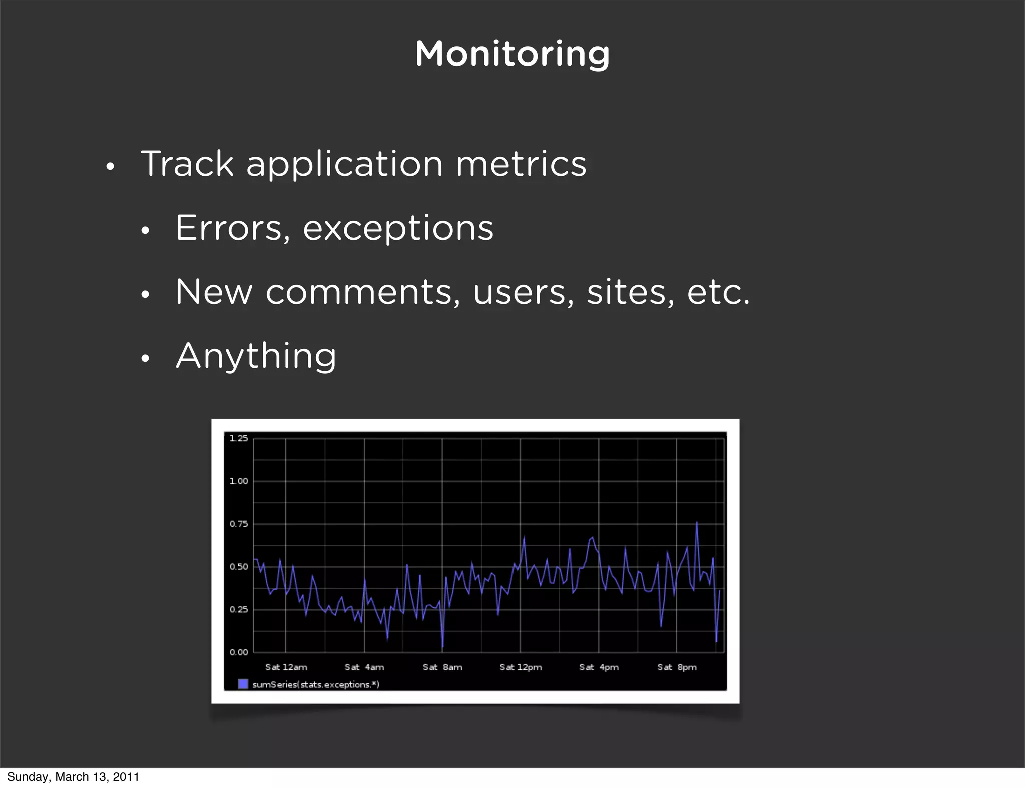 Monitoring

                •    Track application metrics
                     •   Errors, exceptions
                     •   New comments, users, sites, etc.
                     •   Anything




Sunday, March 13, 2011
 