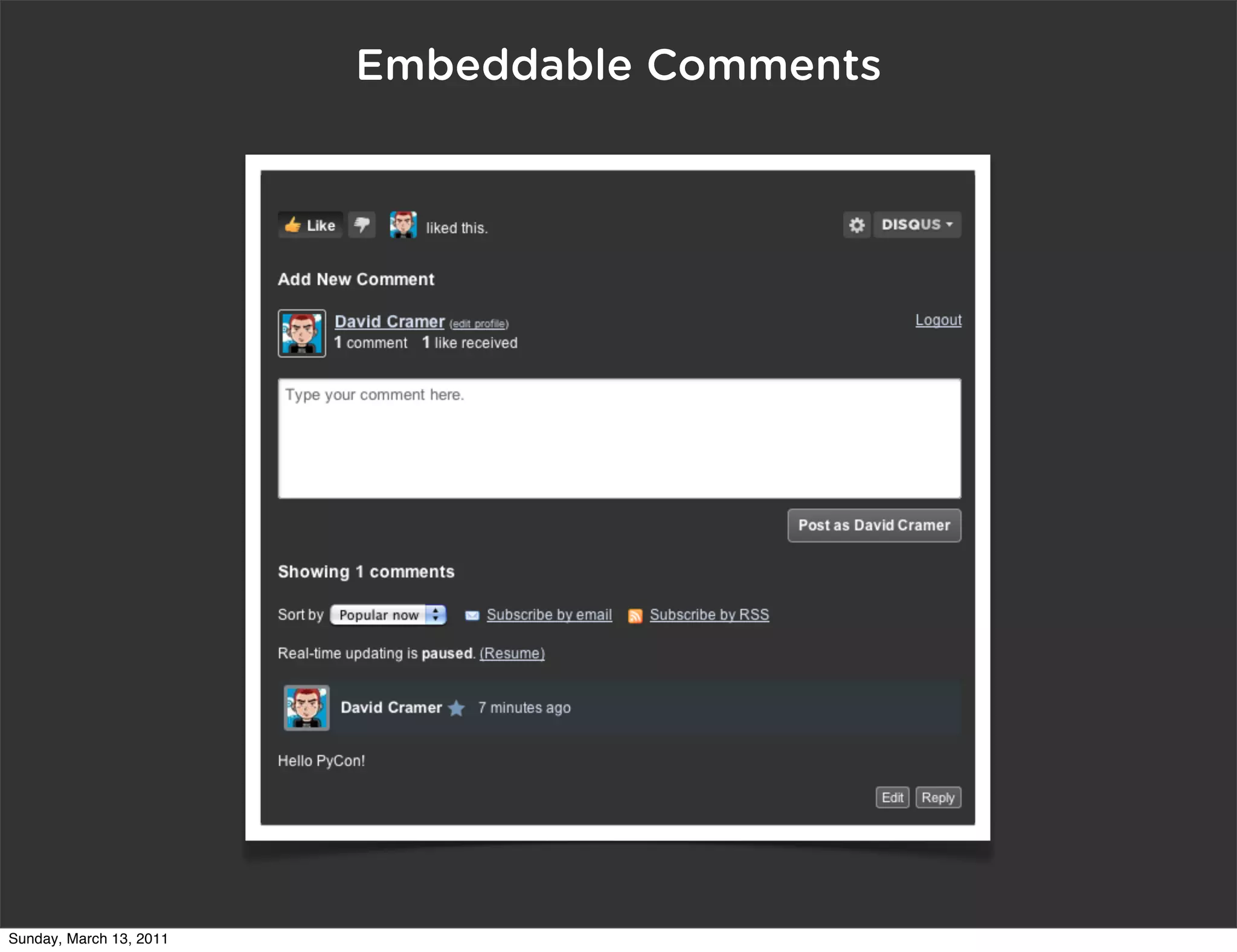 Embeddable Comments




Sunday, March 13, 2011
 