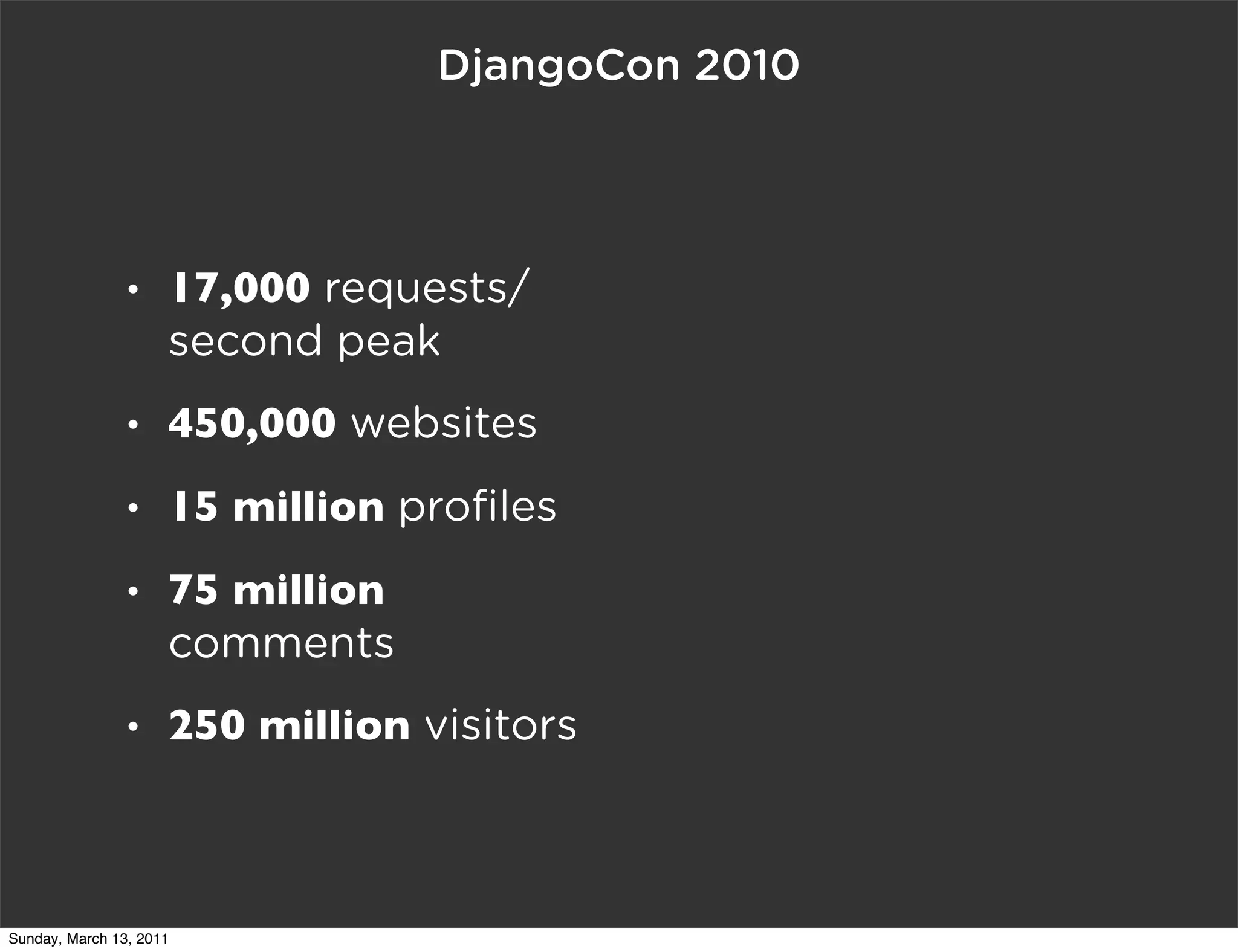 DjangoCon 2010



                •    17,000 requests/
                     second peak
                •    450,000 websites
                •    15 million proﬁles
                •    75 million
                     comments
                •    250 million visitors



Sunday, March 13, 2011
 
