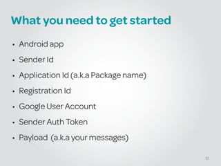 What you need to get started
• Android app
• Sender Id
• Application Id (a.k.a Package name)
• Registration Id
• Google User Account
• Sender Auth Token
• Payload (a.k.a your messages)
32
 