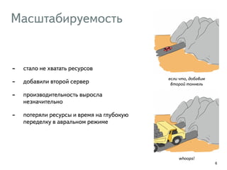 Масштабируемость
- стало не хватать ресурсов
- добавили второй сервер
- производительность выросла
незначительно
- потеряли ресурсы и время на глубокую
переделку в авральном режиме
6
если что, добавим
второй тоннель
whoops!
 