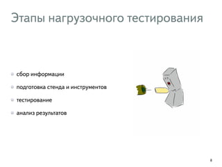 Этапы нагрузочного тестирования
сбор информации
подготовка стенда и инструментов
тестирование
анализ результатов
8
 