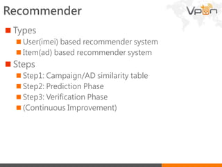 Recommender
 Types
 User(imei) based recommender system
 Item(ad) based recommender system
 Steps
 Step1: Campaign/AD similarity table
 Step2: Prediction Phase
 Step3: Verification Phase
 (Continuous Improvement)
 