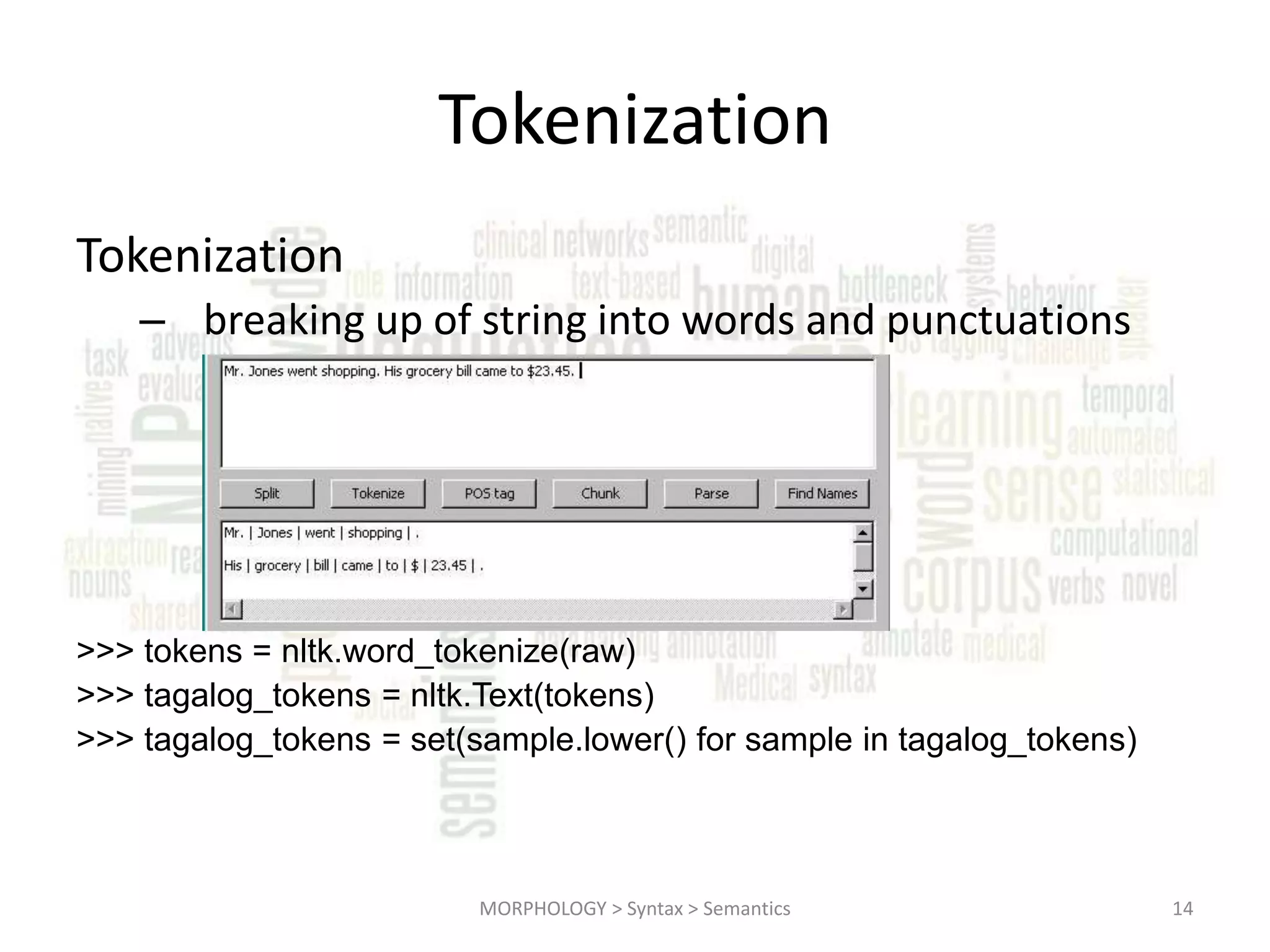 Tokenization Tokenization – breaking up of string into words and punctuations >>> tokens = nltk.word_tokenize(raw) >>> tagalog_tokens = nltk.Text(tokens) >>> tagalog_tokens = set(sample.lower() for sample in tagalog_tokens) MORPHOLOGY > Syntax > Semantics 14 