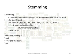 Stemming
Stemming
– normalize words into its base form, result may not be the 'root' word
>>> def stem(word):
... for suffix in ['ing', 'ly', 'ed', 'ious', 'ies', 'ive', 'es', 's', 'ment']:
...
if word.endswith(suffix):
...
return word[:-len(suffix)]
... return word
...
>>> stem('reading')
'read'
>>> stem('moment')
'mo'

MORPHOLOGY > Syntax > Semantics

15

 