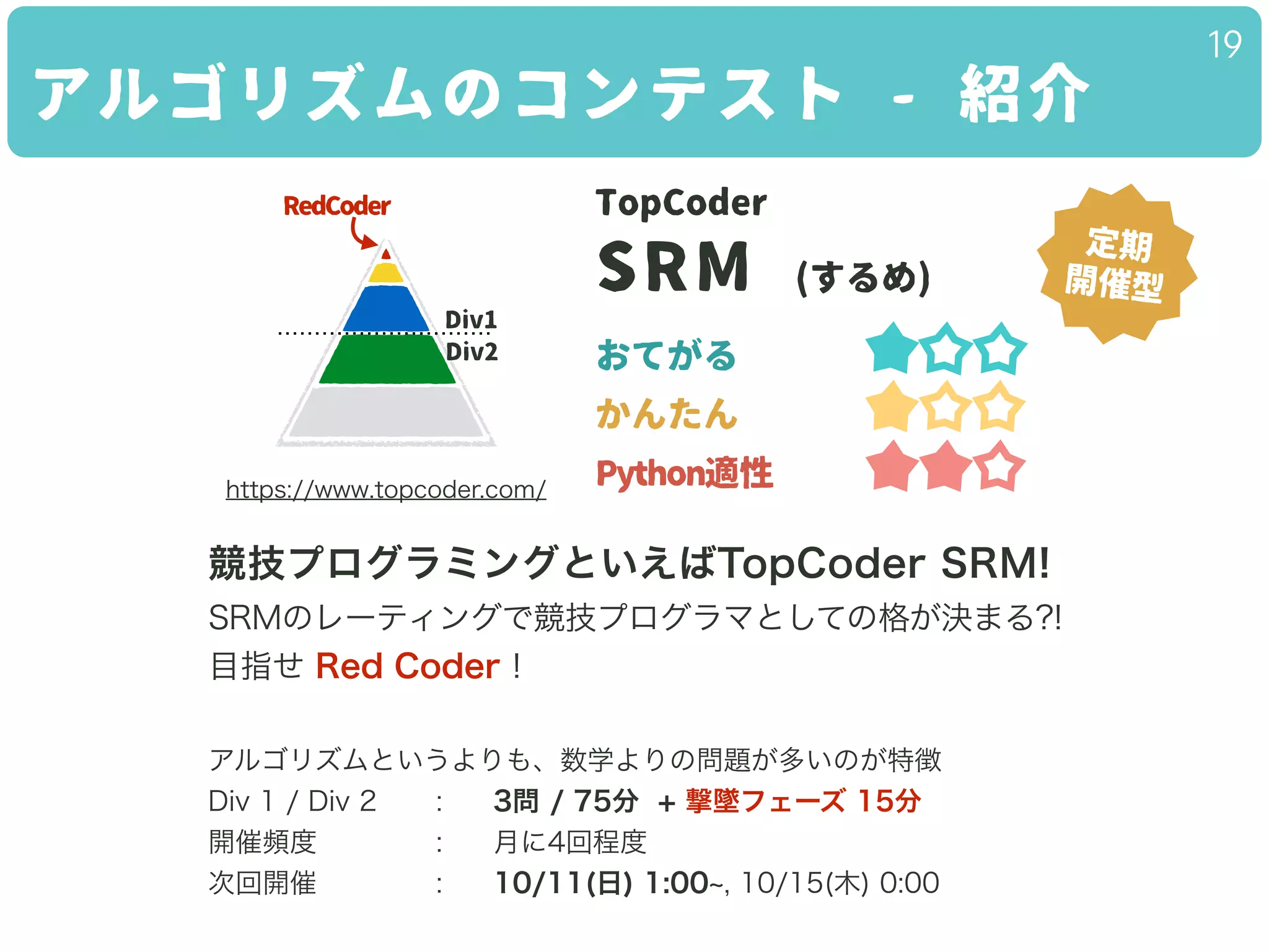 19
TopCoder
SRM (するめ)
おてがる
かんたん
Python適性
Div1
定期
開催型
競技プログラミングといえばTopCoder SRM!
SRMのレーティングで競技プログラマとしての格が決まる?!
目指せ Red Coder！
!
アルゴリズムというよりも、数学よりの問題が多いのが特徴
Div 1 / Div 2 : 3問 / 75分 + 撃墜フェーズ 15分
開催頻度 : 月に4回程度
次回開催 : 10/11(日) 1:00 , 10/15(木) 0:00
Div2
RedCoder
https://www.topcoder.com/
アルゴリズムのコンテスト - 紹介
 