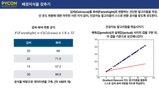 배경지식을 갖추기
섭씨(Celcious)를 화씨(Farenhight)로 변환하는 간단한 알고리즘을 작성.
단 온도 변환에 대한 아무런 사전 지식 없이, 인공지능 알고리즘이 스스로 변환 공식을 찾도록 유도한다.
섭씨-화씨 변환 공식
섭씨 화씨
20 68
22 71.6
14 57.2
36 96.8
공식을 바탕으로 데이터셋을 구축. (약 100여 개)
인공지능 알고리즘을 학습시키기
예측값(predict)과 실제값(actual) 사이의 갭을 구한 뒤,
이 갭을 기준으로 보간해나간다
Gradient Descent 라는 알고리즘을 활용해
스스로 섭씨-화씨 변환을 하도록 학습한다.
 