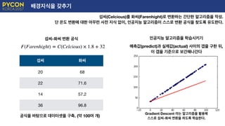 배경지식을 갖추기
섭씨(Celcious)를 화씨(Farenhight)로 변환하는 간단한 알고리즘을 작성.
단 온도 변환에 대한 아무런 사전 지식 없이, 인공지능 알고리즘이 스스로 변환 공식을 찾도록 유도한다.
섭씨-화씨 변환 공식
섭씨 화씨
20 68
22 71.6
14 57.2
36 96.8
공식을 바탕으로 데이터셋을 구축. (약 100여 개)
인공지능 알고리즘을 학습시키기
예측값(predict)과 실제값(actual) 사이의 갭을 구한 뒤,
이 갭을 기준으로 보간해나간다
Gradient Descent 라는 알고리즘을 활용해
스스로 섭씨-화씨 변환을 하도록 학습한다.
 