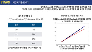 배경지식을 갖추기
섭씨(Celcious)를 화씨(Farenhight)로 변환하는 간단한 알고리즘을 작성.
단 온도 변환에 대한 아무런 사전 지식 없이, 인공지능 알고리즘이 스스로 변환 공식을 찾도록 유도한다.
섭씨-화씨 변환 공식
섭씨 화씨
20 68
22 71.6
14 57.2
36 96.8
공식을 바탕으로 데이터셋을 구축. (약 100여 개)
인공지능 알고리즘을 학습시키기
예측값(predict)과 실제값(actual) 사이의 갭을 구한 뒤,
이 갭을 기준으로 보간해나간다
Gradient Descent 라는 알고리즘을 활용해
스스로 섭씨-화씨 변환을 하도록 학습한다.
 