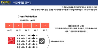 배경지식을 갖추기
인공지능의 예측 결과가 잘 맞는지 확인하기 위해,
보유한 데이터에서 일정 부분을 떼 예측한 뒤 이를 Scoring Metric(ex: MSE)로 측정한다.
Cross Validation
A B C D E
20 개 20 개 20 개 20 개 20 개
데이터 갯수: 100 개
4. A + B + C + E
5. A + B + C + D
3. A + B + D + E
2. A + C + D + E
1. B + C + D + E A
B
C
D
E
데이터를 5조각 낸 뒤,
조각을 뺀 나머지로 알고리즘을 학습하고, 조각을 예측한다.
이후 그 결과값의 평균을 낸다.
평균(mean)을 구한다
 