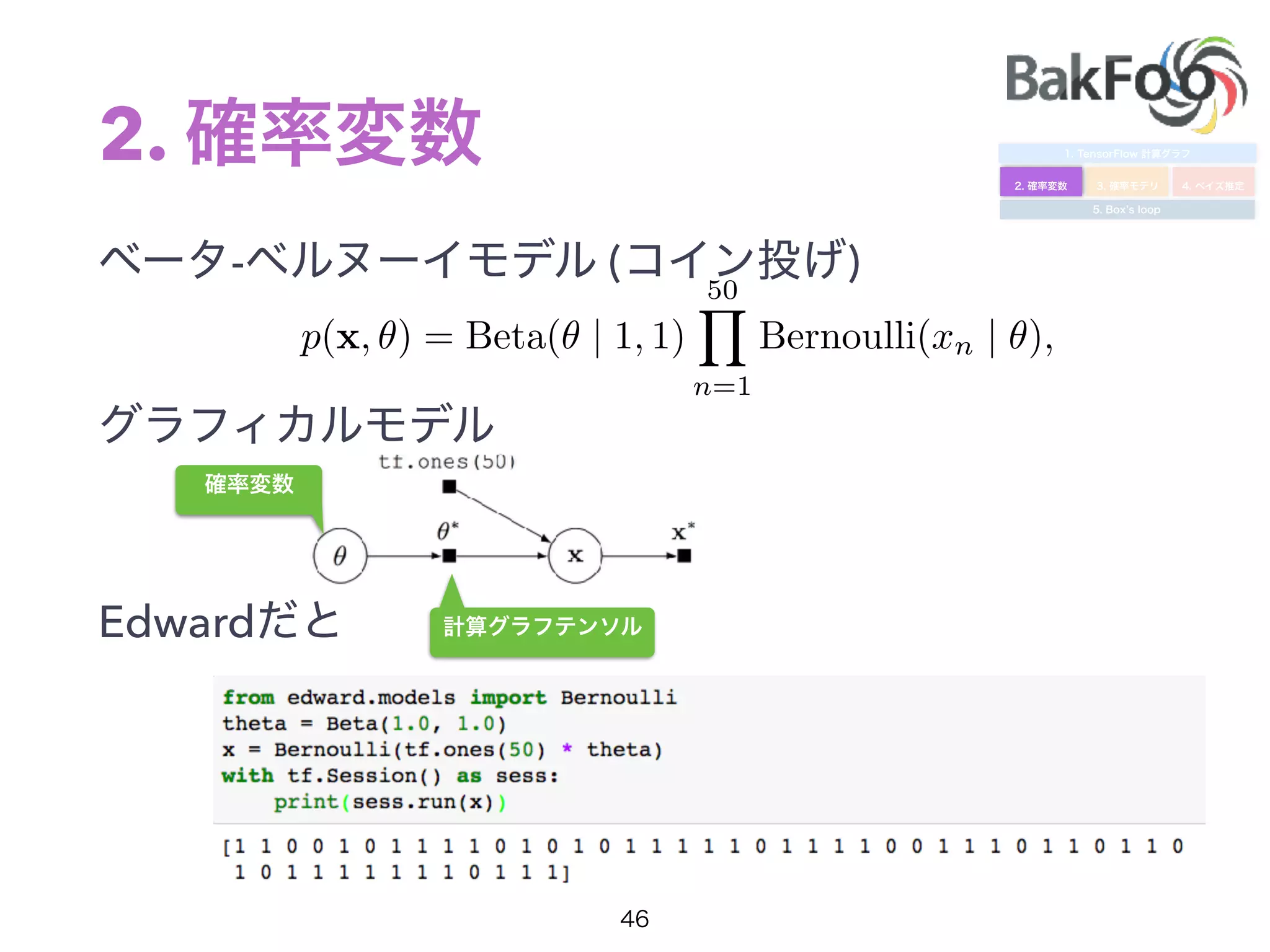 2.
- ( )
Edward
p(x, ✓) = Beta(✓ | 1, 1)
50Y
n=1
Bernoulli(xn | ✓),
 