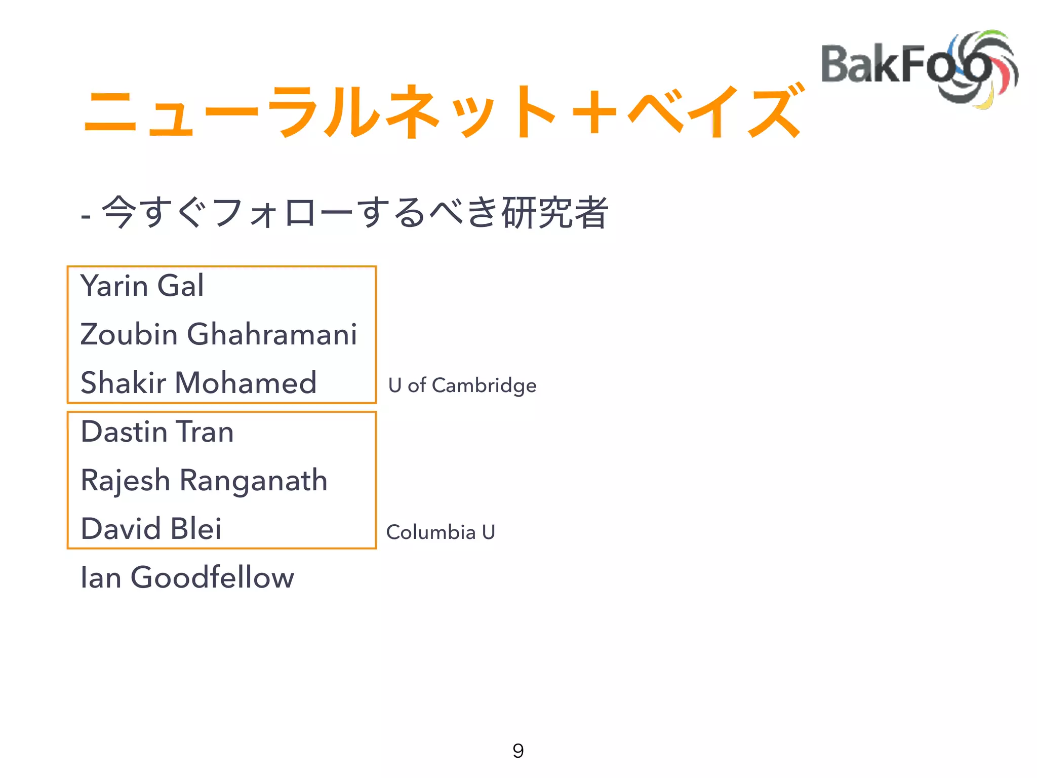 -
Yarin Gal
Zoubin Ghahramani
Shakir Mohamed
Dastin Tran
Rajesh Ranganath
David Blei
Ian Goodfellow
Columbia U
U of Cambridge
 