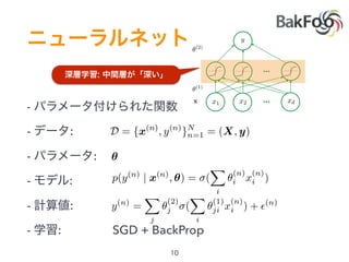 -
- :
- :
- :
- :
- : SGD + BackProp
…
…x1 x2 xd
✓(2)
✓(1)
x
y
y(n)
=
X
j
✓
(2)
j (
X
i
✓
(1)
ji x
(n)
i ) + ✏(n)
p(y(n)
| x(n)
, ✓) = (
X
i
✓
(n)
i x
(n)
i )
✓
D = {x(n)
, y(n)
}N
n=1 = (X, y)
 